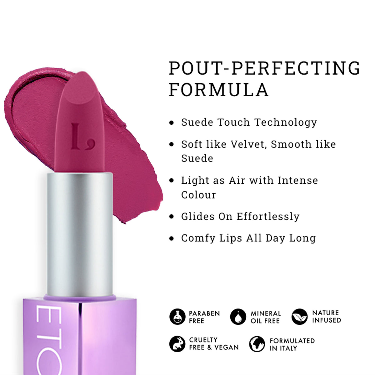 LOVETC High Definition Matte Lipstick in Birthday Blush, transfer-proof, non-drying lipstick showcasing a vibrant pink shade.