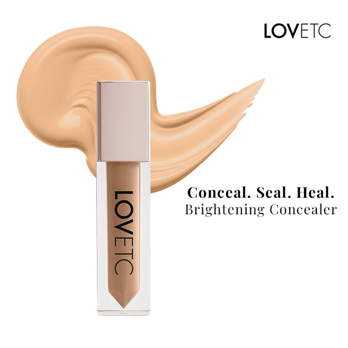 LOVETC Creamy Comfort Concealer with full coverage, crease-resistant formula, ceramides, in Apricot Drizzle shade, for flawless skin.