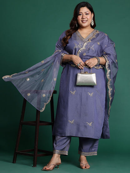 Indyancart IE Plus Size Ethnic Motifs Embroidered Sequinned Liva Kurta Set
