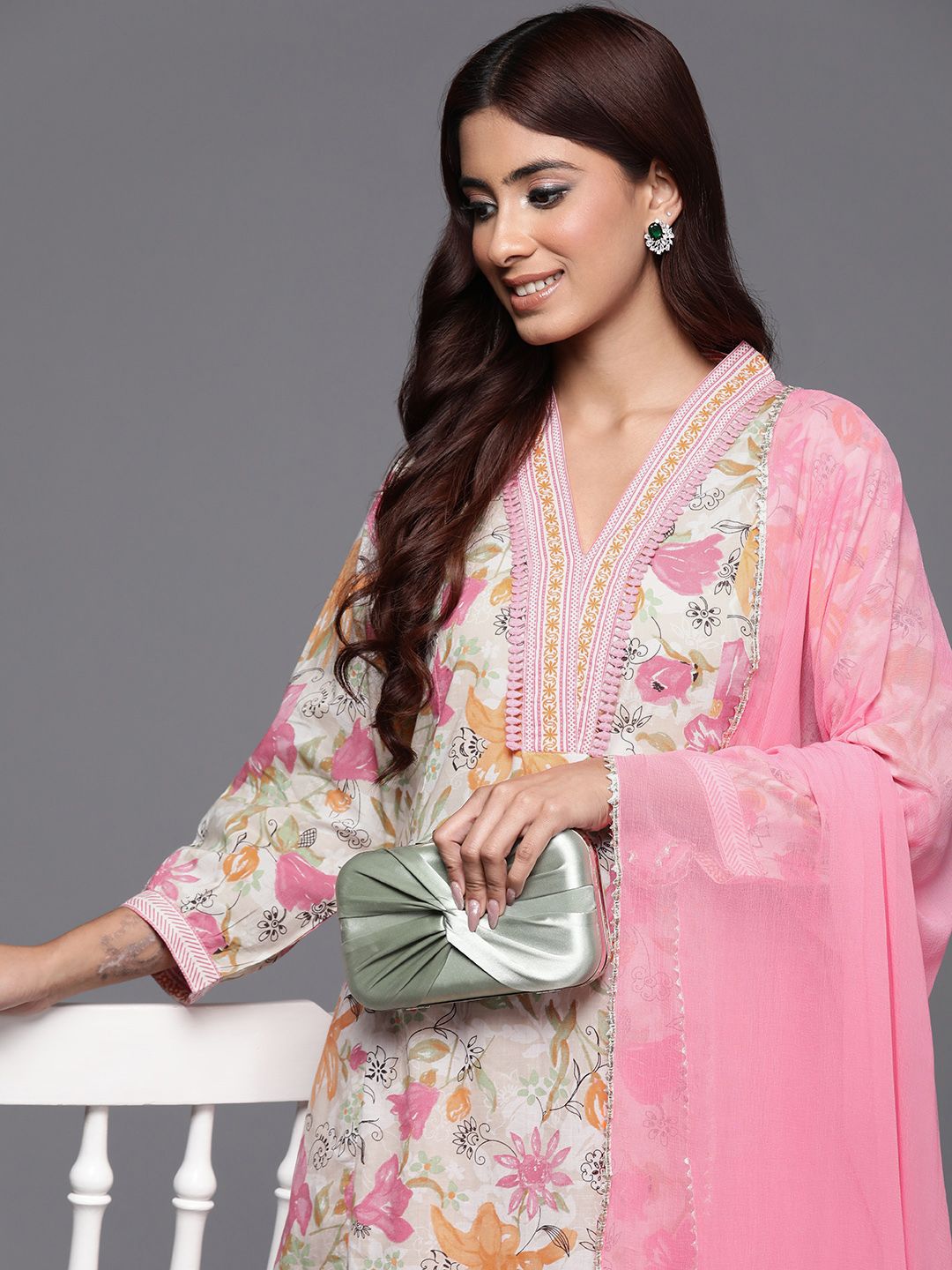 Indyancart VA Women'sFloral Printed Pure Cotton Anarkali Kurta with Palazzos & Dupatta