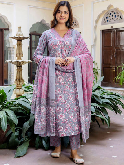 Indyancart IE Floral Printed Panelled V-Neck Pure Cotton Kurta With Trousers & Dupatta