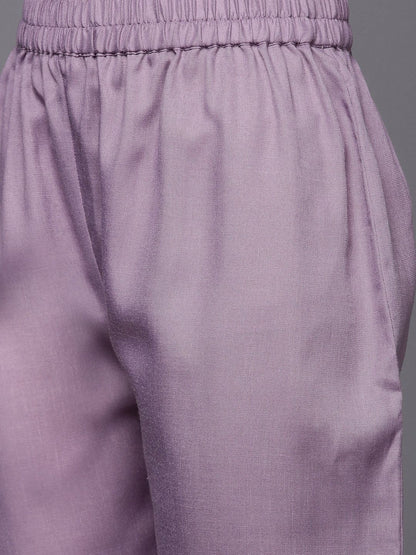 Indyancart VA Women's Lavender & White Embroidered Kurta with Trousers & Dupatta