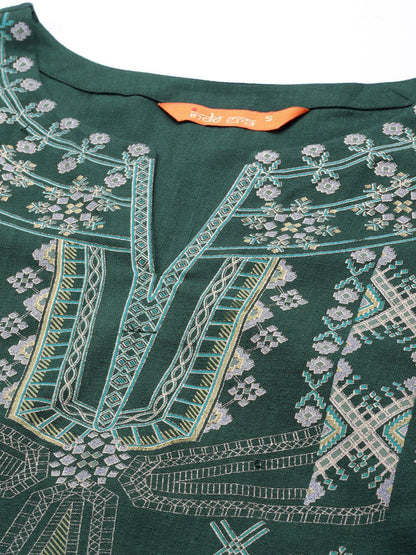 Indyancart IE Women Green & Grey Ethnic Motifs Foil Print Regular Kurta with Palazzos