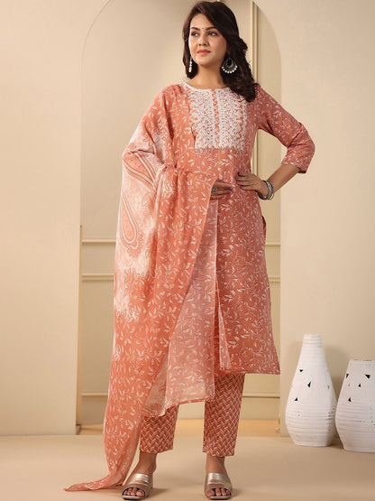 Dhiyona IE Floral Printed Thread Work Pure Cotton Straight Kurta & Trouser With Dupatta