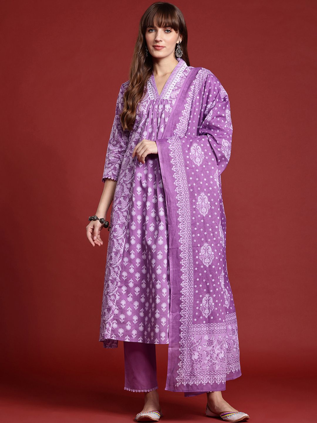 Floral Printed Pleated Pure Cotton Kurta With Trousers & Dupatta