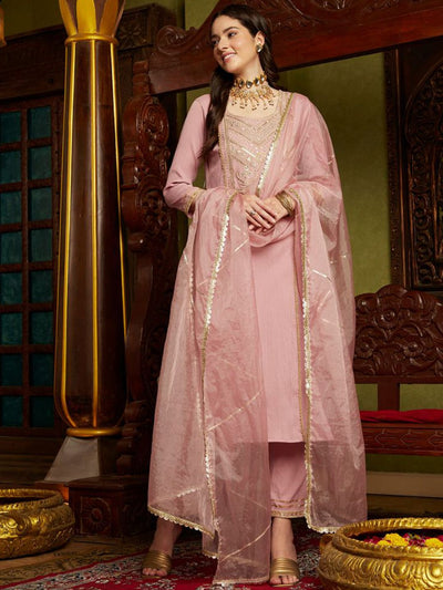 Indyancart SN Women's Mauve Ethnic Motifs Embroidered Sequinned Straight Kurta With Trouser & Dupatta