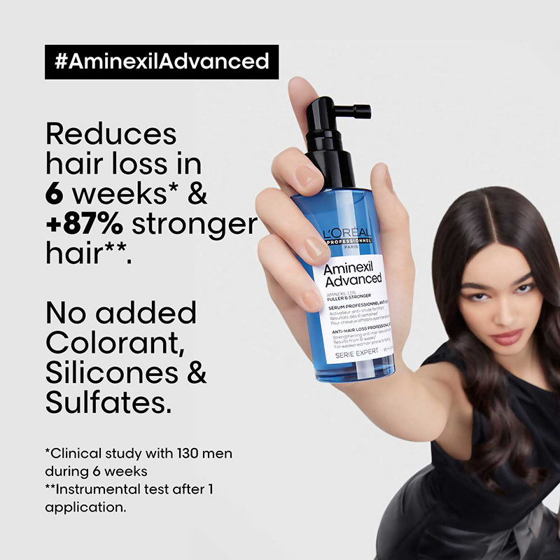 L'Oreal Paris Anti-Hair Loss Regime with Density Advanced Shampoo and Aminexil Advanced hair serums for thicker, healthier hair.