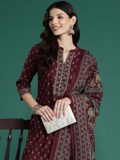 Indyancart IE Ethnic Motifs Printed Straight Pure Cotton Kurta With Patiala & Dupatta