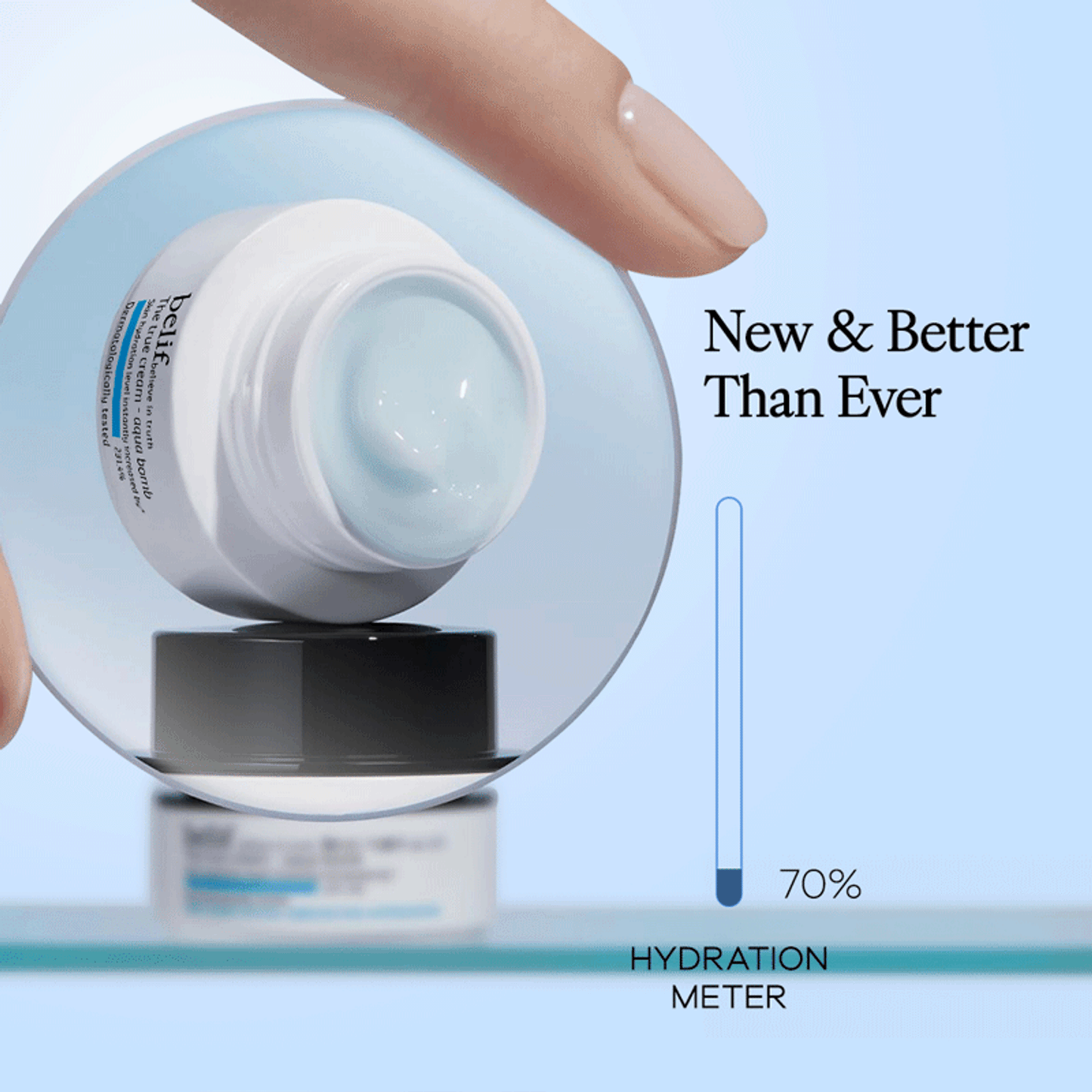 belif The True Cream Aqua Bomb moisturizer in a jar, showcasing its lightweight, hydrating formula for increased skin moisture.