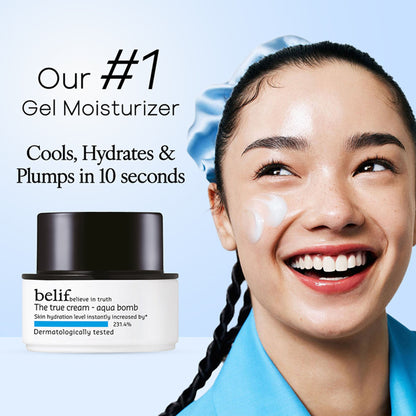 belif The True Cream Aqua Bomb moisturizer in a jar, dermat tested hydrating skincare product with a fresh, lightweight formula