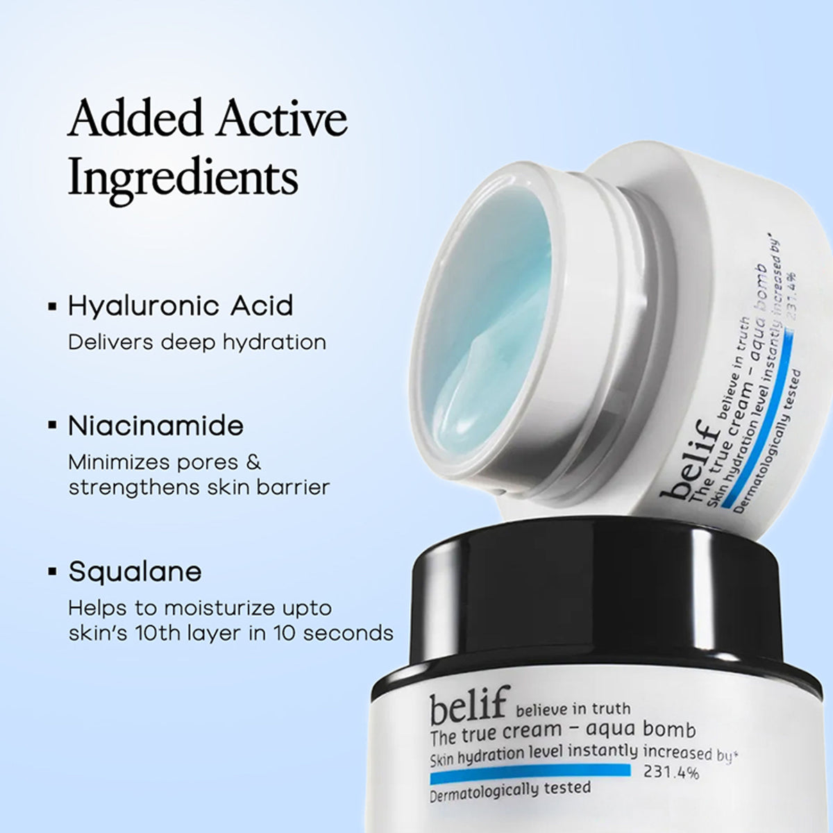 belif The True Cream Aqua Bomb moisturizer jar showing its lightweight gel texture and hydrating formula for increased skin moisture