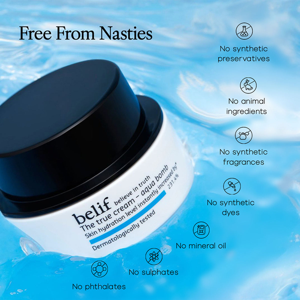 belif The True Cream Aqua Bomb moisturizer in a jar, showcasing its lightweight, hydrating formula for increased skin moisture