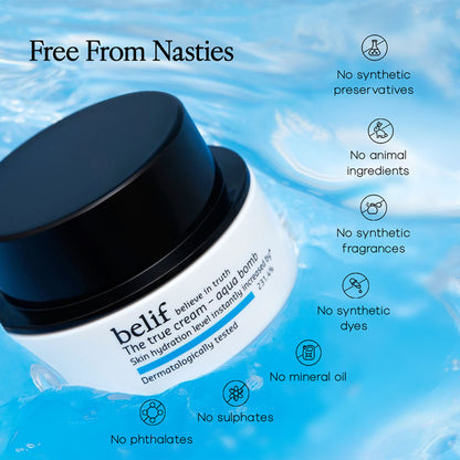 belif The True Cream Aqua Bomb moisturizer in a jar, showcasing its lightweight, hydrating formula for increased skin moisture