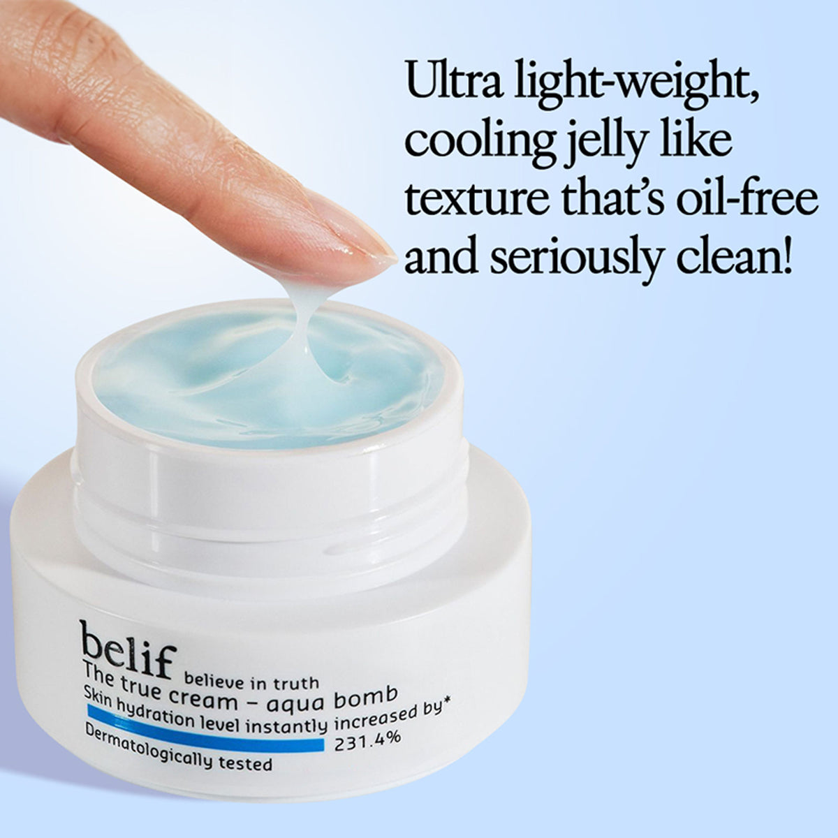 belif The True Cream Aqua Bomb moisturizer jar with fresh, hydrating cream inside, showcasing its smooth texture and packaging