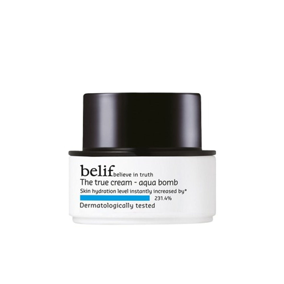 belif The True Cream Aqua Bomb moisturizer in a jar, showcasing its lightweight, hydrating formula for increased skin moisture.