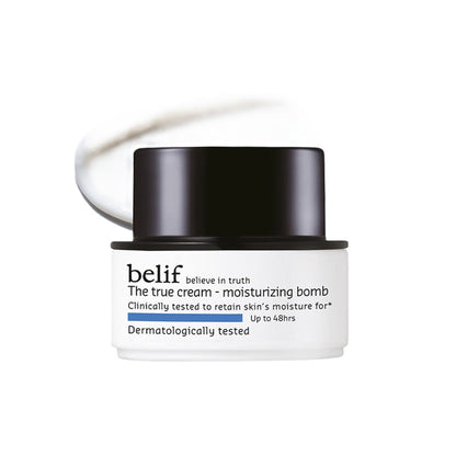 belif Moisturizing Bomb Cream Korean face cream with ceramides and peptides for barrier repair, vegan skincare product.
