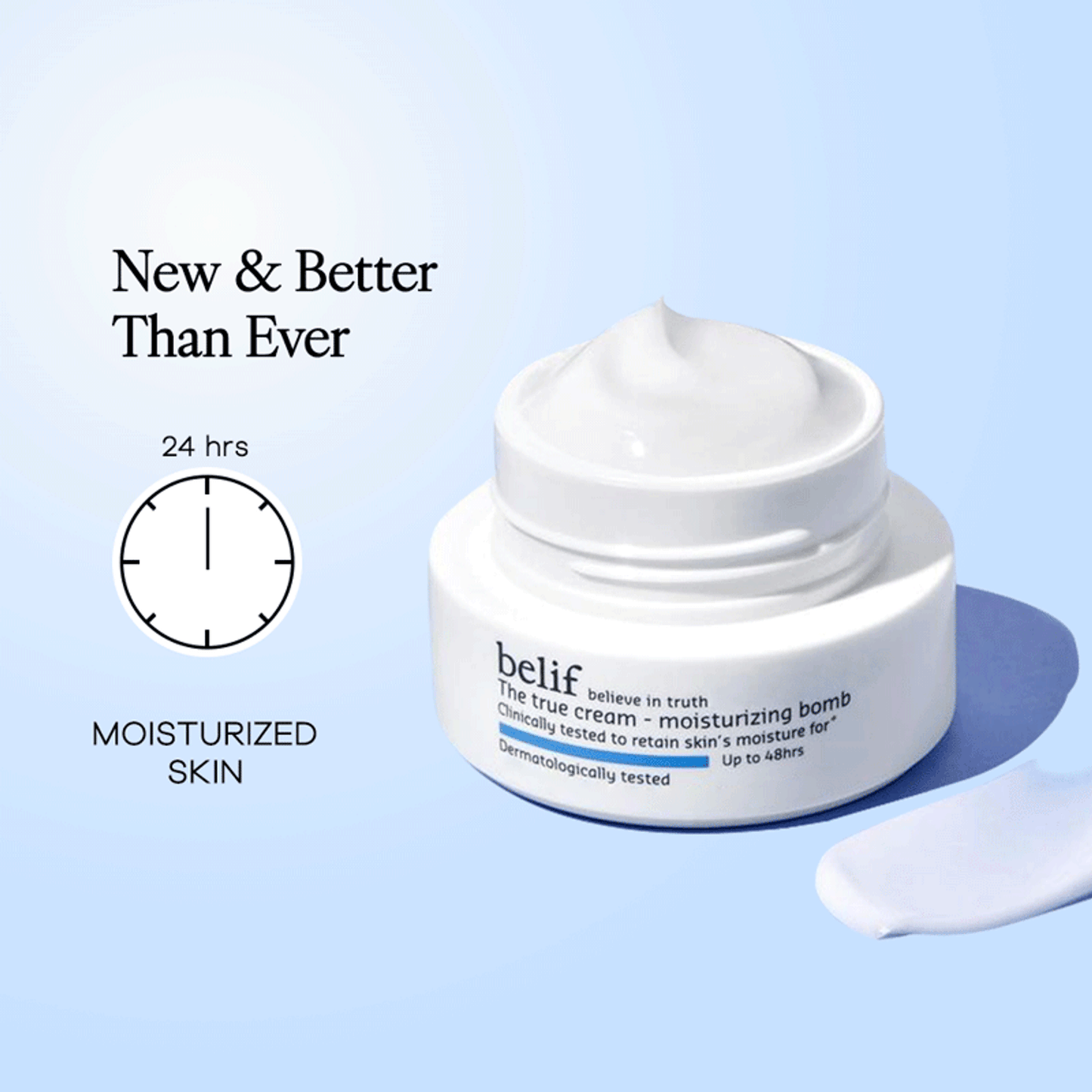 belif Moisturizing Bomb Cream featuring ceramides and peptides for barrier repair, vegan Korean face cream with rich, hydrating texture