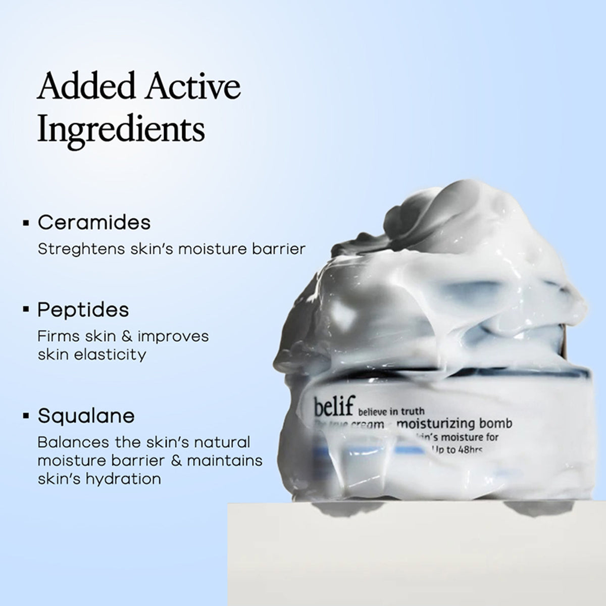 belif Moisturizing Bomb Cream vegan Korean face cream with ceramides and peptides for skin barrier repair, shown in a jar