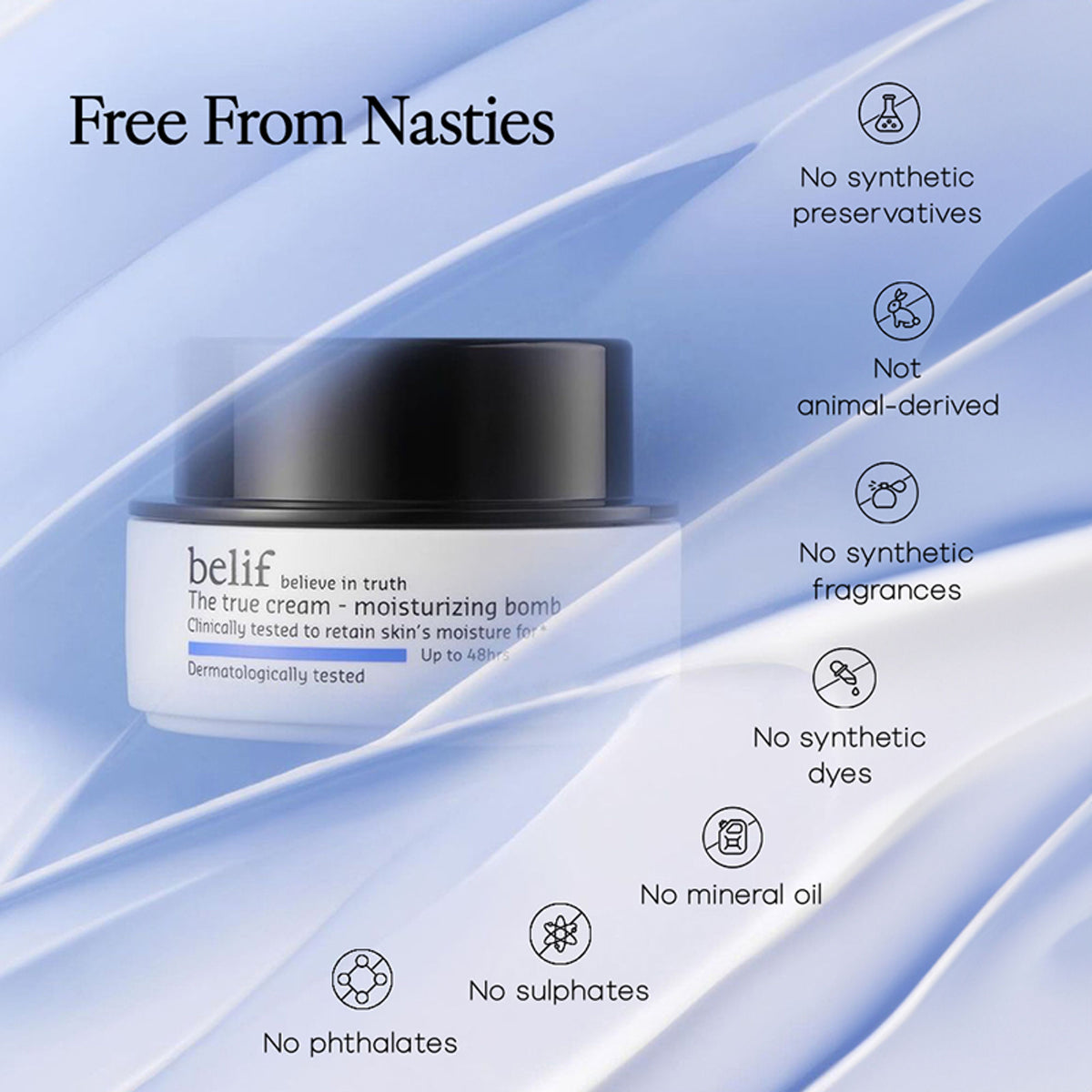 belif Moisturizing Bomb Cream with ceramides and peptides, vegan Korean face cream for barrier repair, shown in a jar with product label