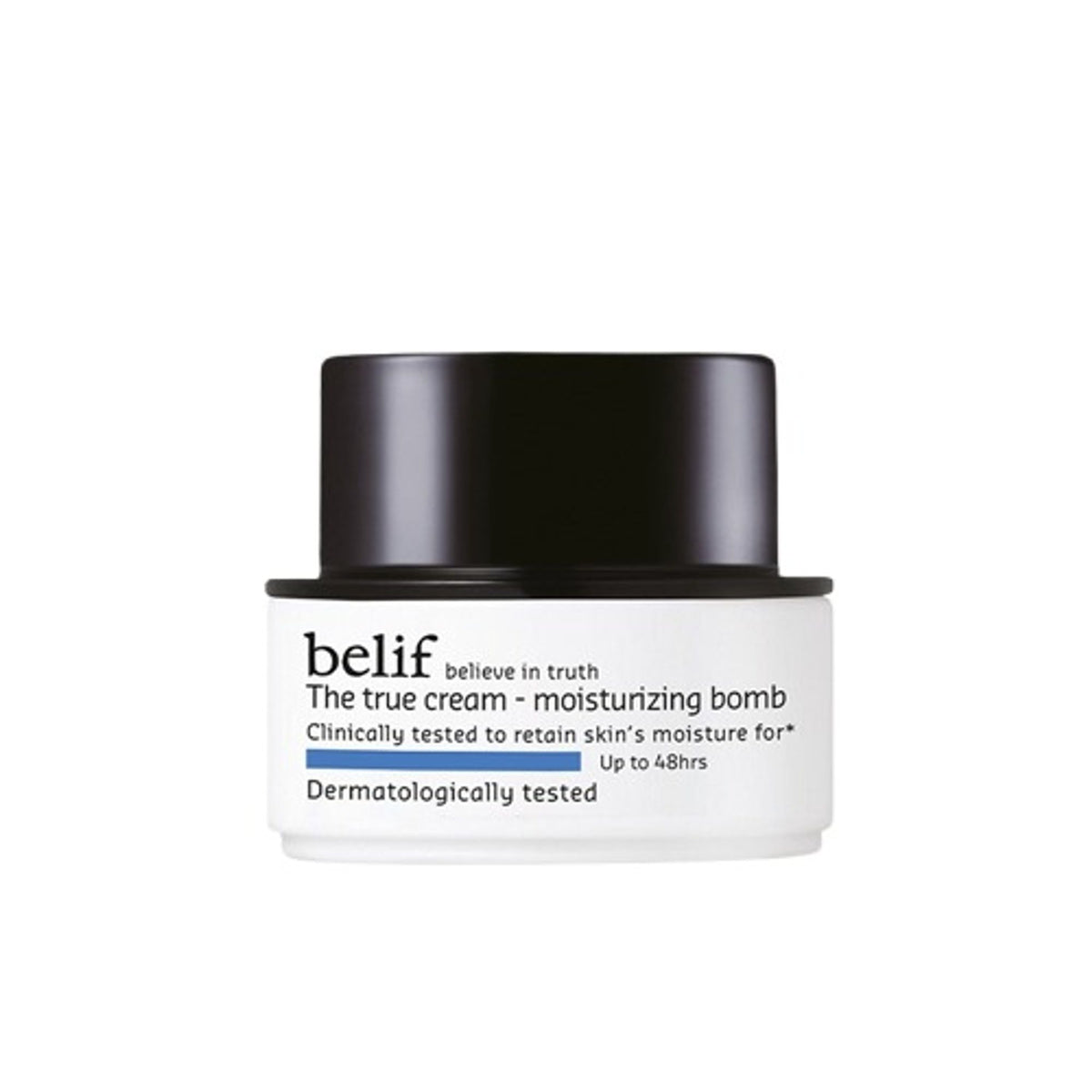 belif Moisturizing Bomb Cream vegan Korean face cream with ceramides and peptides for barrier repair, shown in a jar with a smooth texture