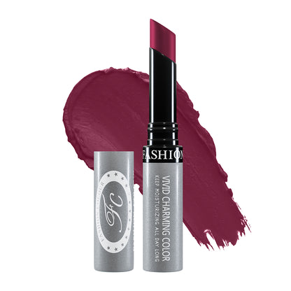 FASHION COLOUR Kiss Lip No-Transfer Lipstick in shade 49 Violet Jam, showing the vibrant purple lipstick on a model's lips.