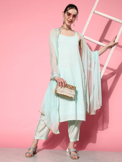 Indyancart VA Women's Embroidered Chikankari Silk Georgette Kurta With Trousers & Dupatta