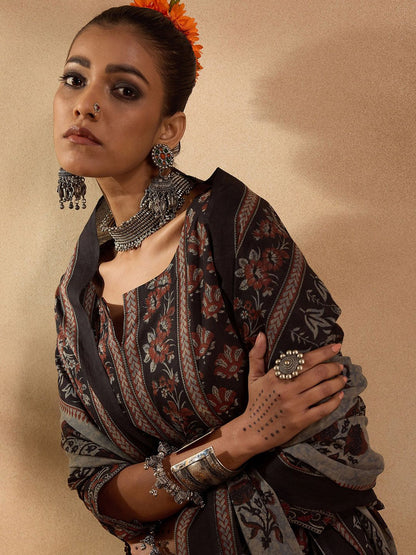 Indyancart IE Ethnic Motifs Printed Pure Cotton Straight Kurta with Salwar & Dupatta