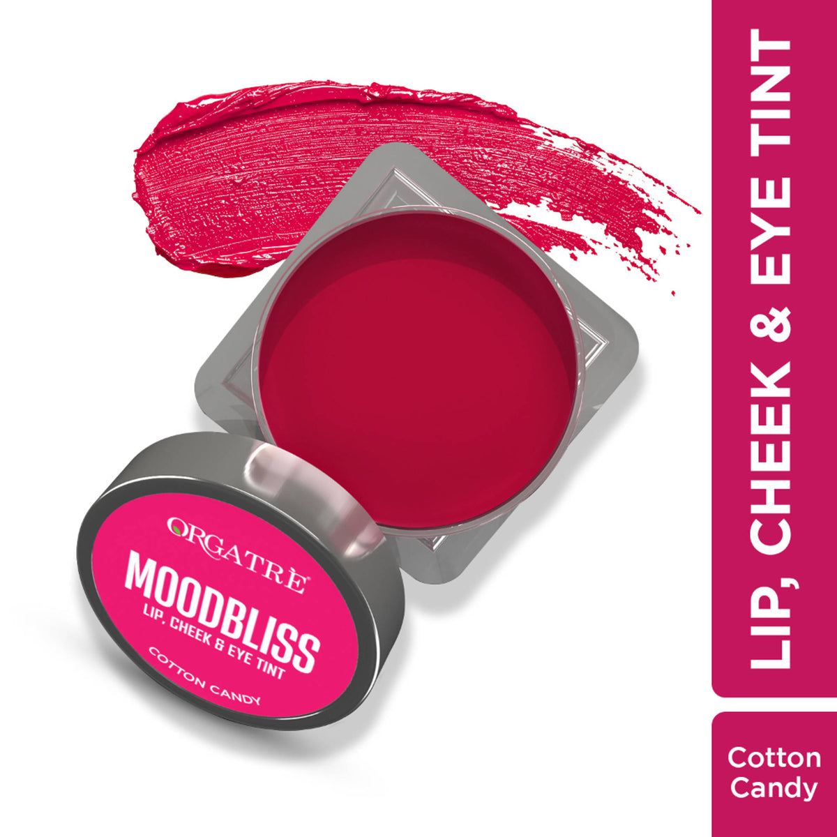 Orgatre Moodbliss blush, lip, and eye tint in Cotton Candy shade with kojic acid and retinol, featuring a creamy, blendable texture.