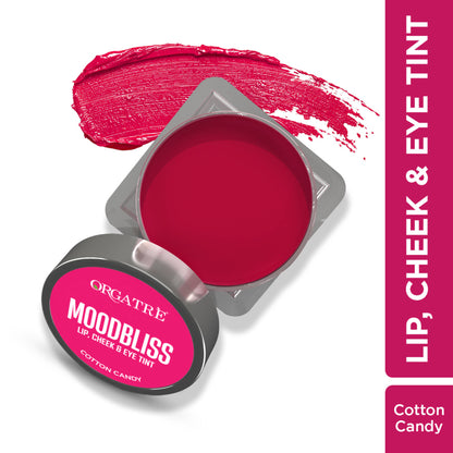 Orgatre Moodbliss blush, lip, and eye tint in Cotton Candy shade with kojic acid and retinol, featuring a creamy, blendable texture.
