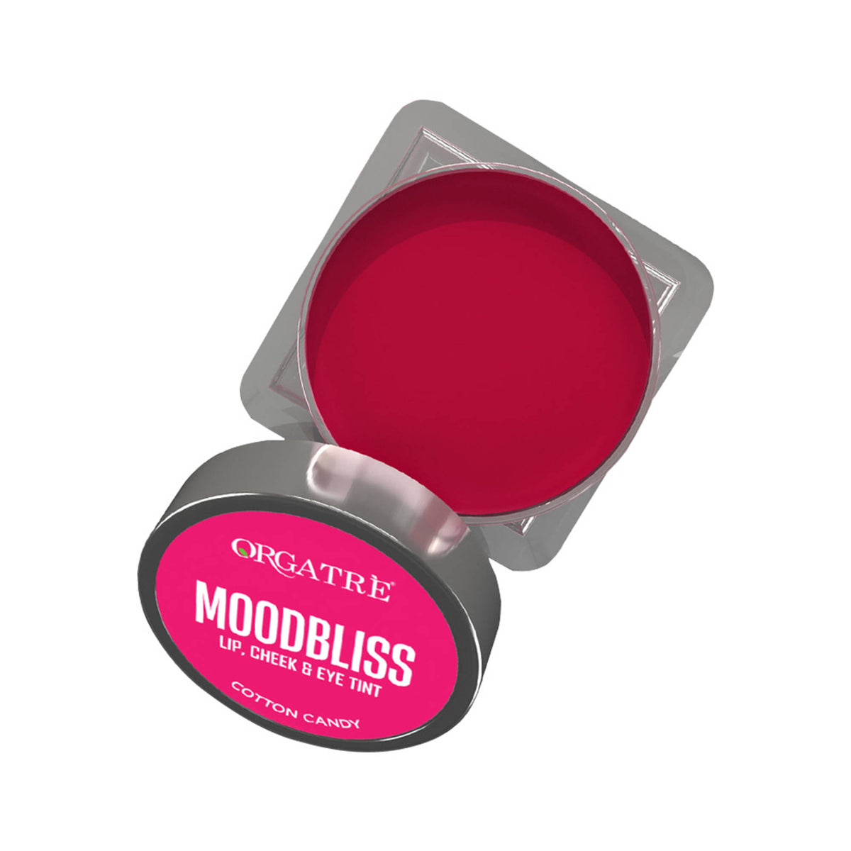 Orgatre Moodbliss blush, lip, and eye tint in cotton candy shade, featuring kojic acid and retinol for a natural glow.