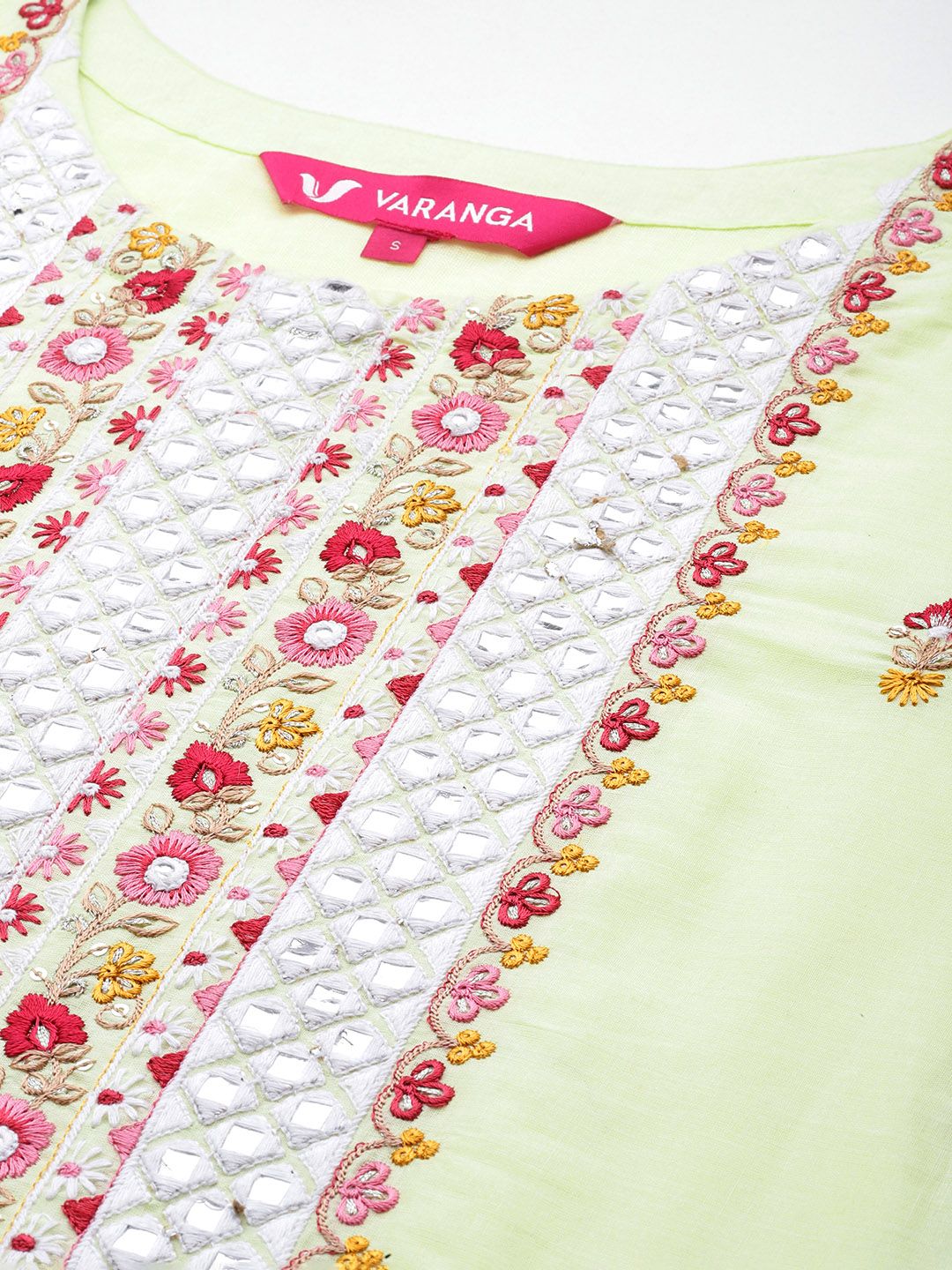 Indyancart VA Women's Floral Embroidered Regular Mirror Work Pure Cotton Kurta with Trousers & With Dupatta