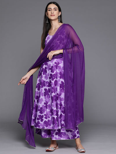 Indyancart VA Women's Floral Printed Empire Silk Crepe Kurta with Trousers & Dupatta