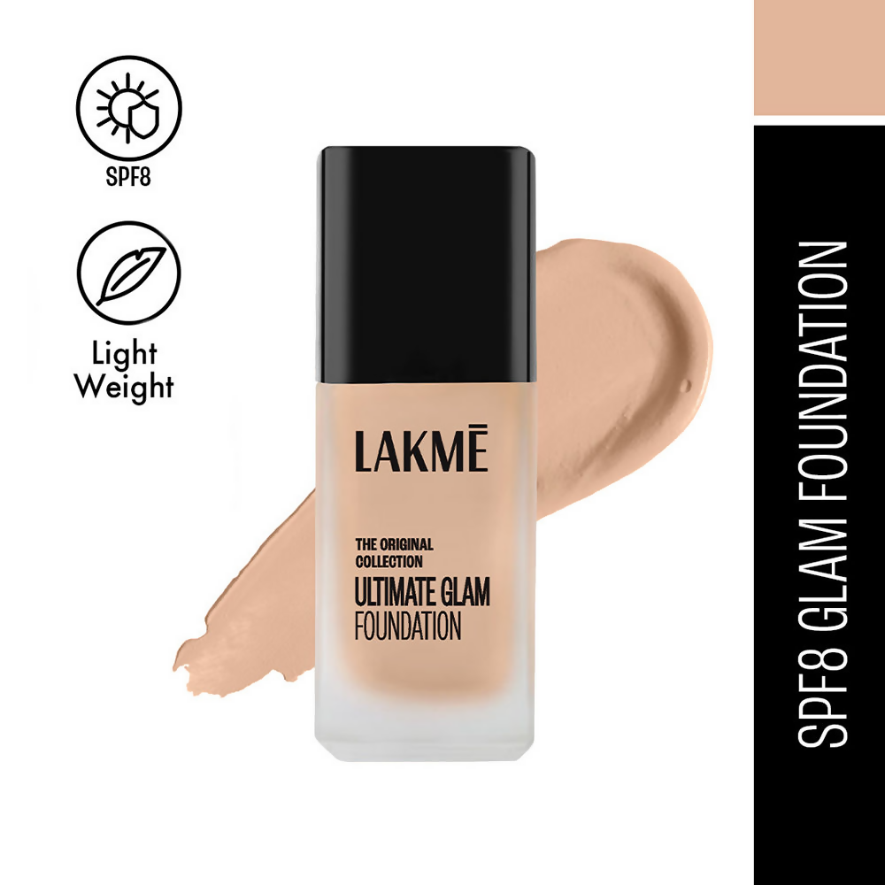 Lakme Invisible Finish SPF 8 Foundation in shade 04, close-up of the smooth liquid foundation in a bottle with a pump applicator.
