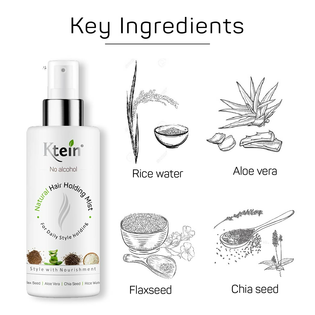 Ktein natural hair holding spray without alcohol in a spray bottle, designed to style and set hair securely.