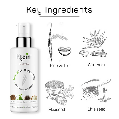 Ktein natural hair holding spray without alcohol in a spray bottle, designed to style and set hair securely.