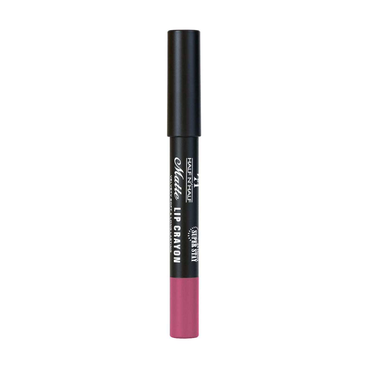 Half N Half Matte Velvet Lip Crayon in Pink Fusion, showcasing a soft, long-lasting 24-hour lip color with a smooth, velvety finish.