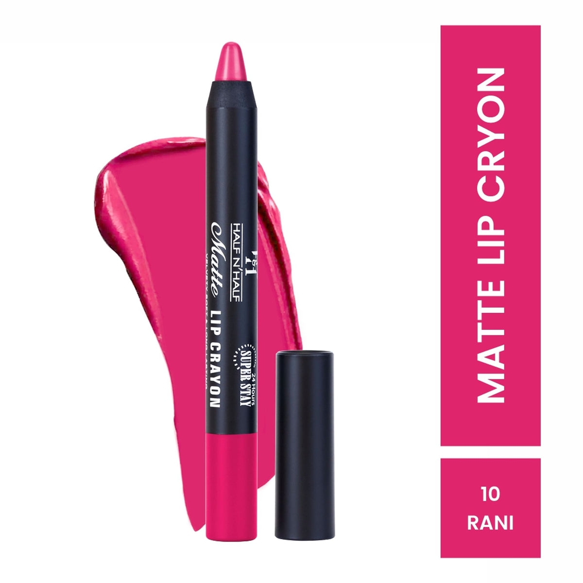 Half N Half Matte Velvet Lip Crayon by Rani, showing the soft, long-lasting 24-hour lip color with dual shades and smooth velvet finish.