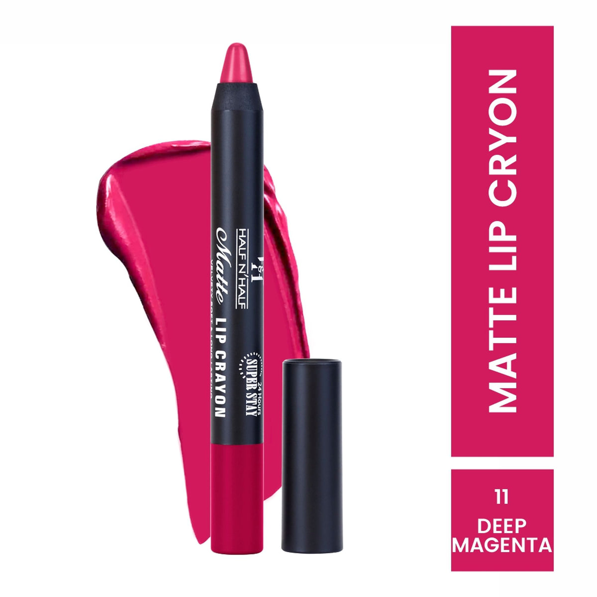 Half N Half matte velvet lip crayon in deep magenta, long-lasting 24-hour super stay, soft and smooth lip color product image.