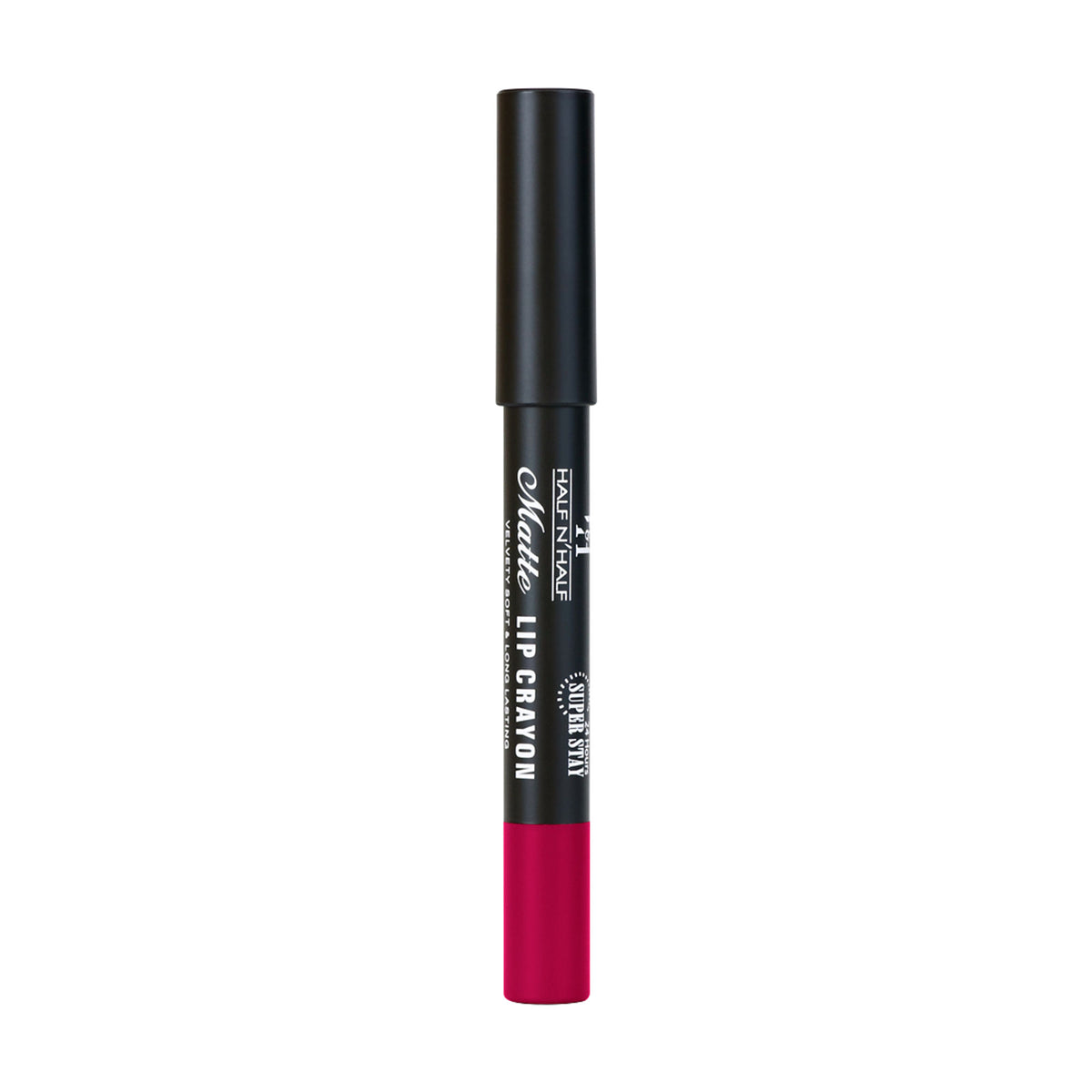 Half N Half matte velvet lip crayon in deep magenta, long-lasting 24-hour super stay lipstick with soft, smooth texture.