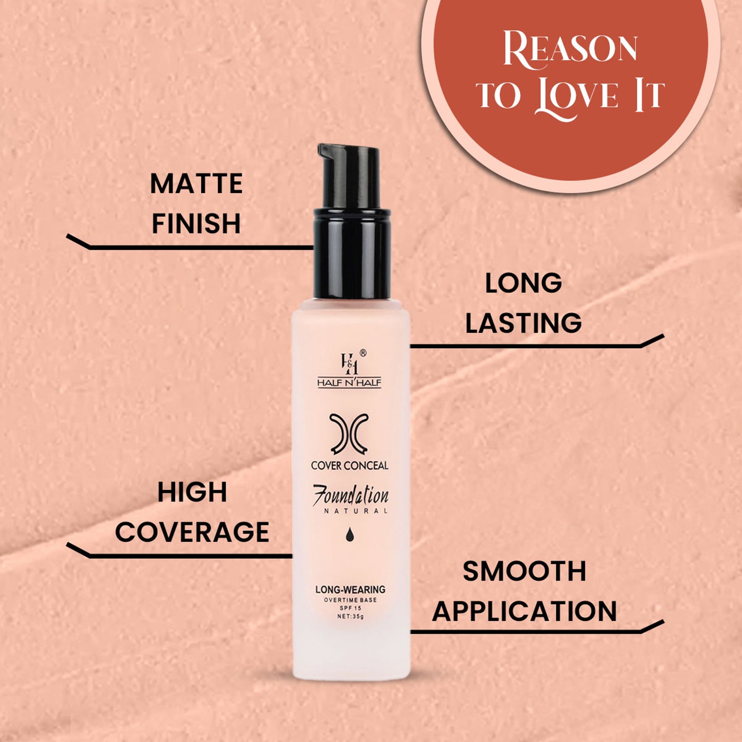 Half N Half Cover Concealer Foundation Natural Longwearing Overtime Base SPF 15 - Beige