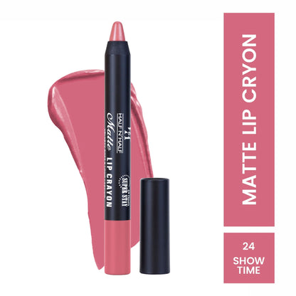 Half N Half matte velvet lip crayon in Show Time with soft, long-lasting color and smooth texture, shown in a close-up image.