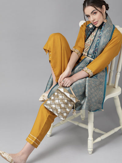 Indyancart VA Women'sCreamy Mustard Yoke Design Kurta Set