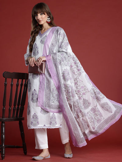 Indyancart IE Floral Printed Sequinned Pure Cotton Kurta with Trousers & Dupatta