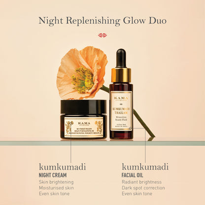 Kama Ayurveda Kumkumadi Thailam Ayurvedic night serum bottle with dropper for radiant skin and natural beauty.
