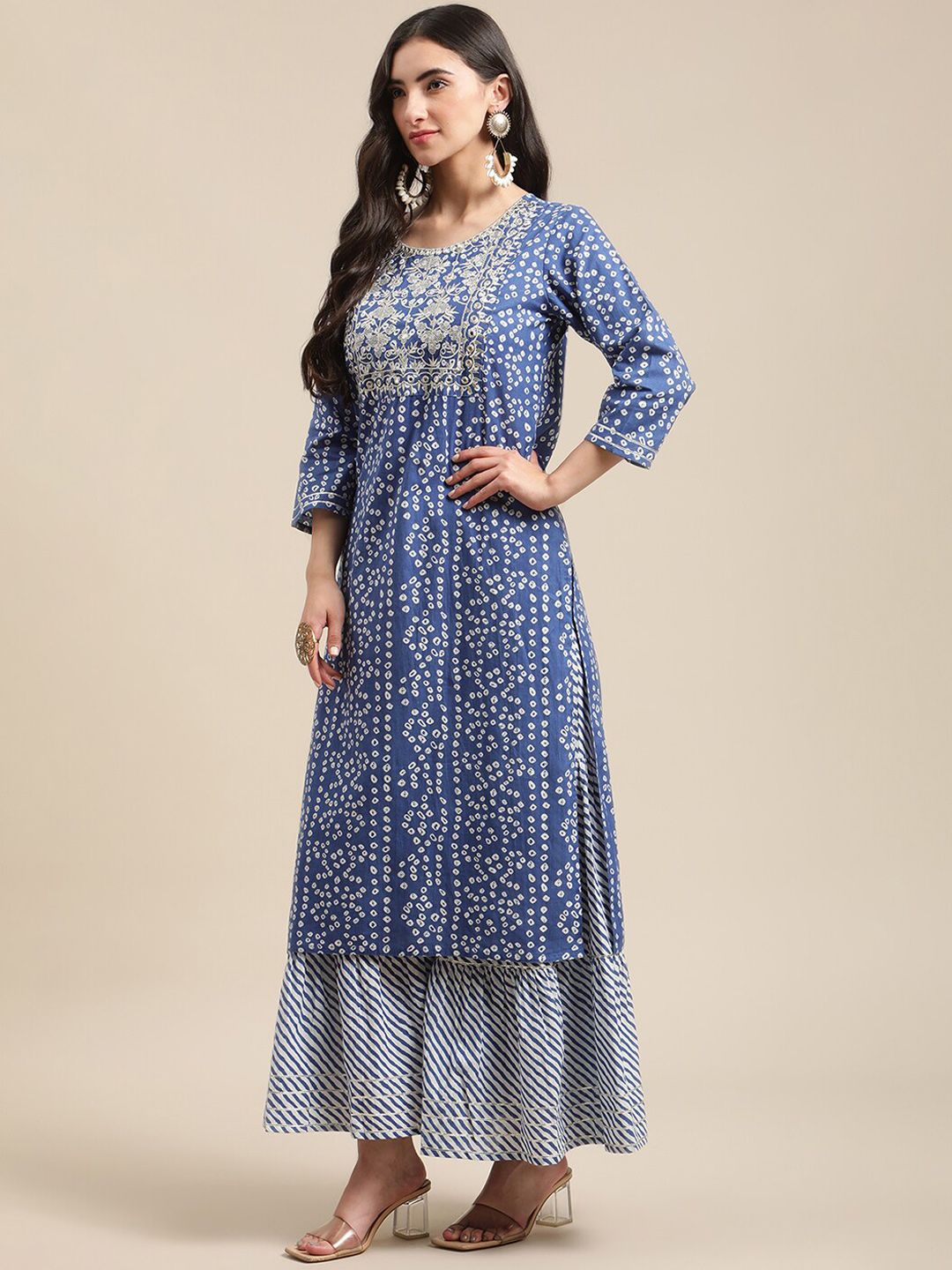 Indyancart VA Women'sBlue And White Zari Embroidery Leheriya Kurta Sharara Set With Leheriya Dupatta