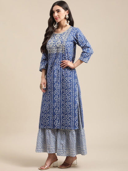 Indyancart VA Women'sBlue And White Zari Embroidery Leheriya Kurta Sharara Set With Leheriya Dupatta