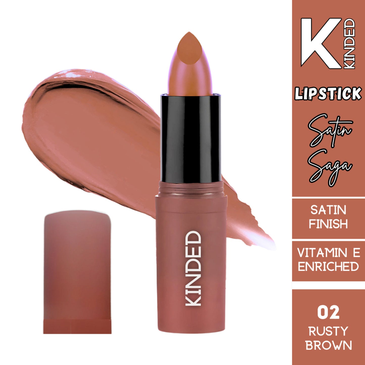 KINDED Satin Saga Bullet Creamy Lipstick With Satin Finish & Vitamin E - 02 Rusty Brown
