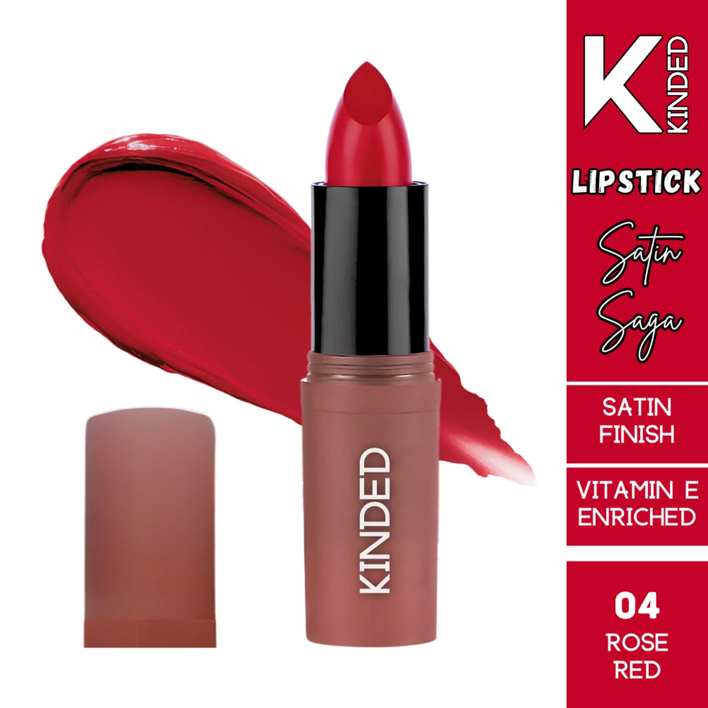 KINDED Satin Saga Bullet Creamy Lipstick With Satin Finish & Vitamin E - 04 Rose Red