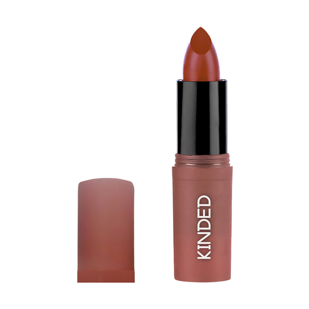 KINDED Satin Saga Bullet Creamy Lipstick in shade 07 Cafe Mocha with satin finish and vitamin E, displayed in a sleek lipstick tube.