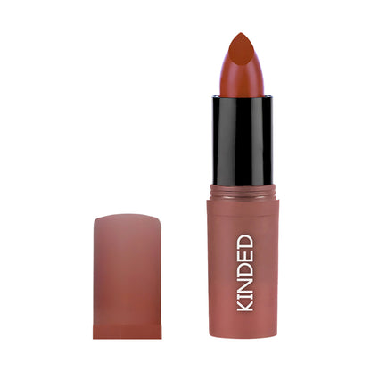 KINDED Satin Saga Bullet Creamy Lipstick in shade 07 Cafe Mocha with satin finish and vitamin E, displayed in a sleek lipstick tube.
